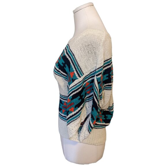 Womens American Eagle White Aztec Knit Top Western Boho Sweater 1/2 Sleeve M - Picture 4 of 8